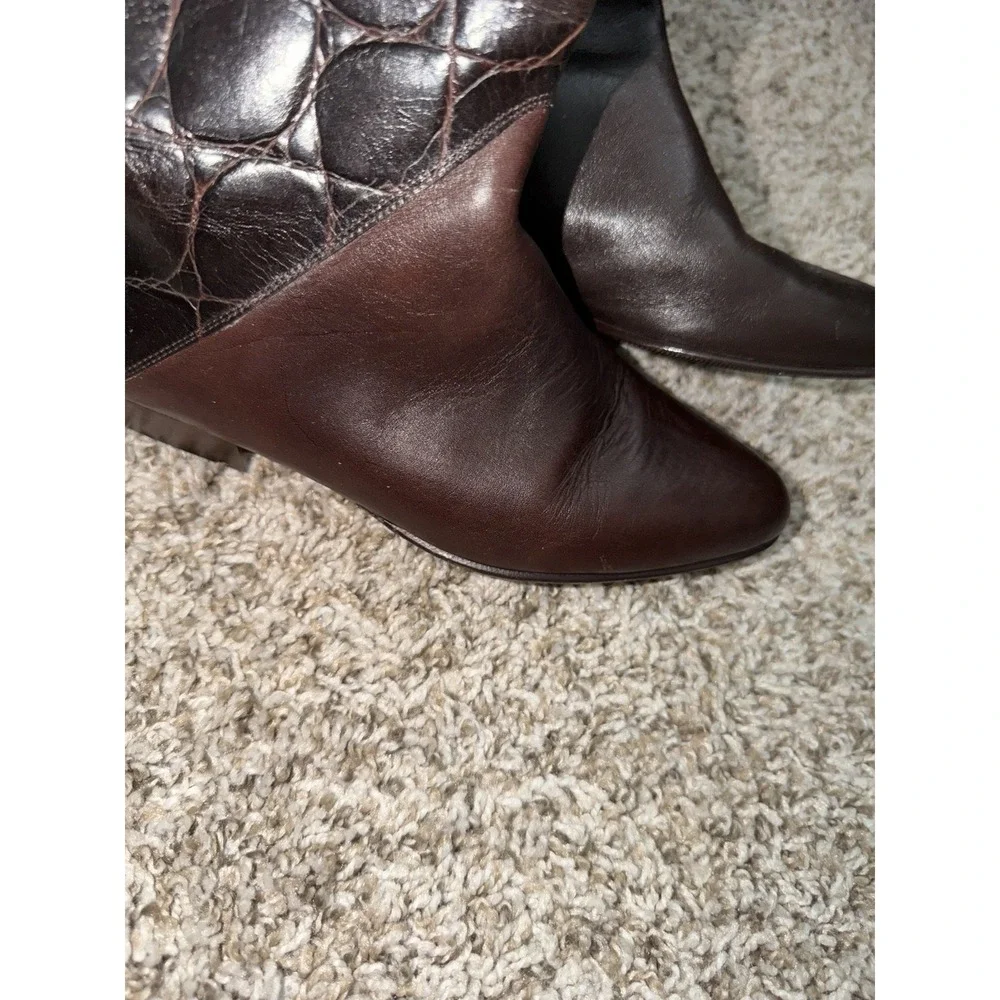 VTG Croc Embossed Leather Boots Women's 7 Brown Knee High Jacqueline Ferrar 90s
